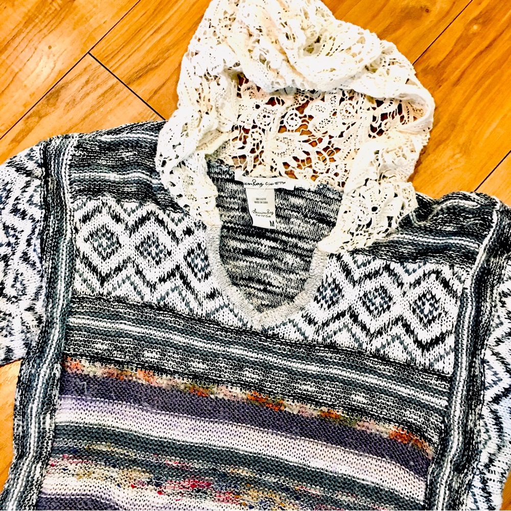 American Rag CIE boho crochet sweater striped stripes lace hoodie pocket…